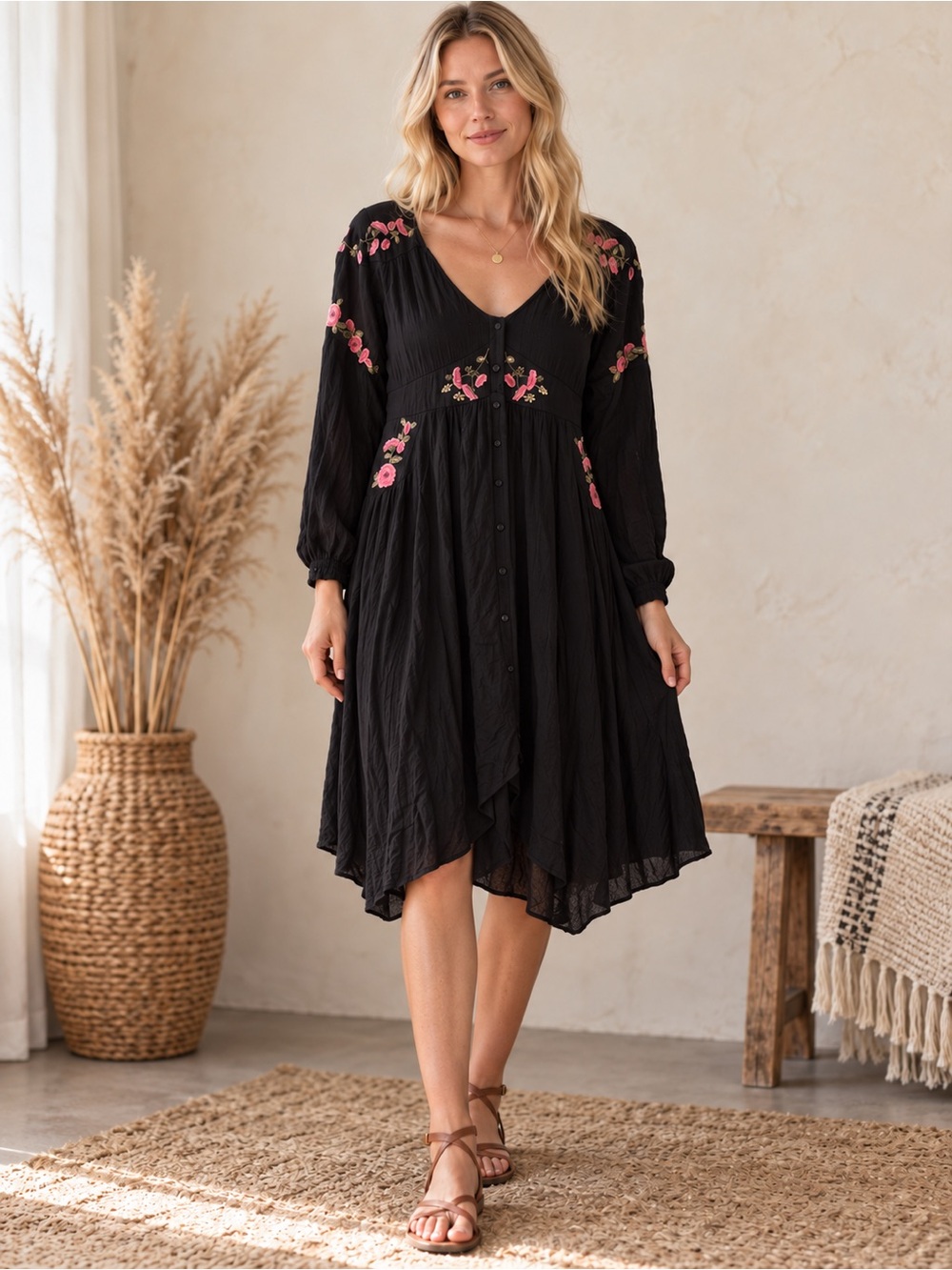 J Gee Boho Minimalist Black Midi Dress with Pink Floral Embroidery